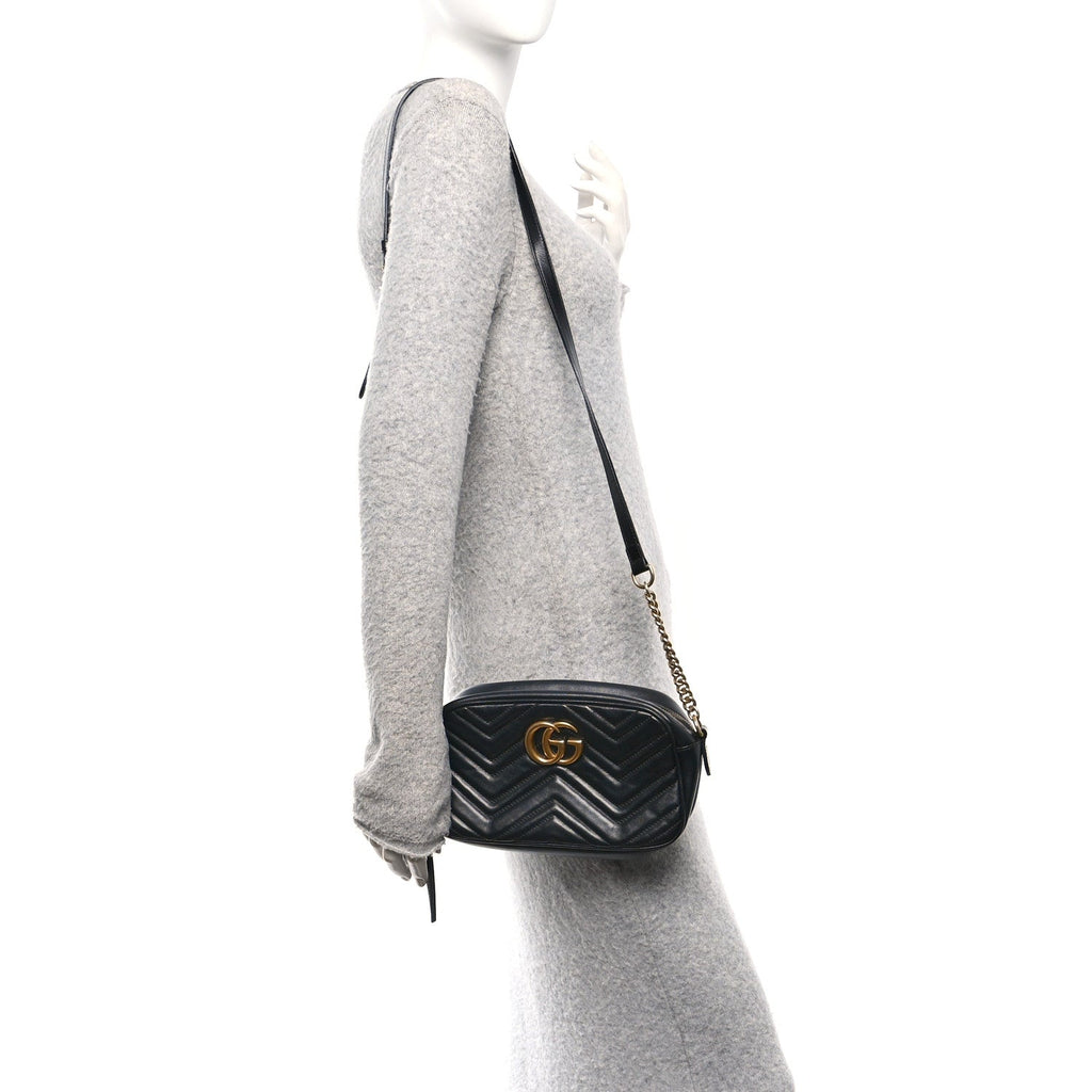 Gucci Calfskin Matelasse Small GG Marmont Chain Shoulder Bag Black