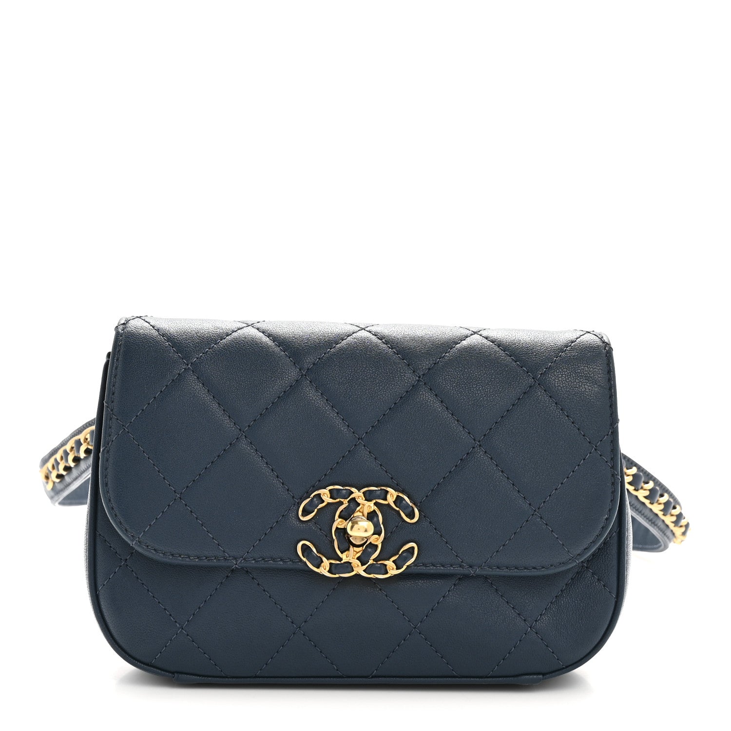 Chanel Lambskin Quilted Chain Infinity Waist Belt Bag Blue