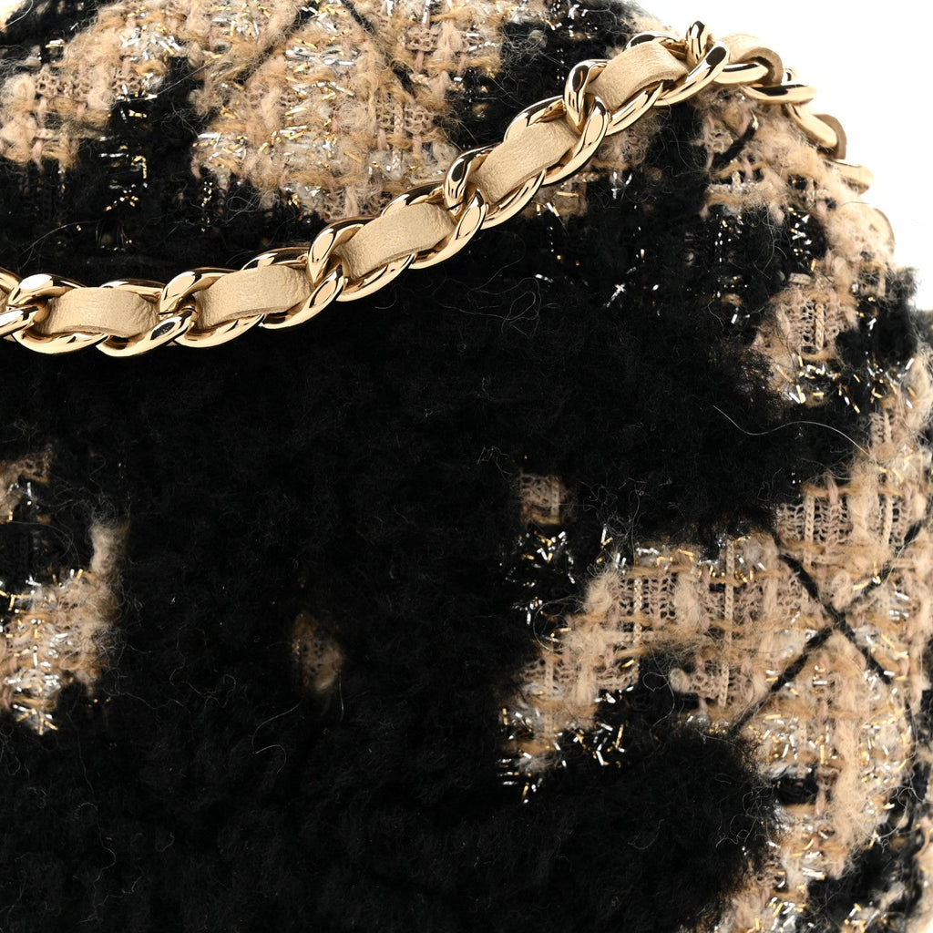 Chanel Tweed Shearling Round Clutch With Chain and Coin Purse Beige Black