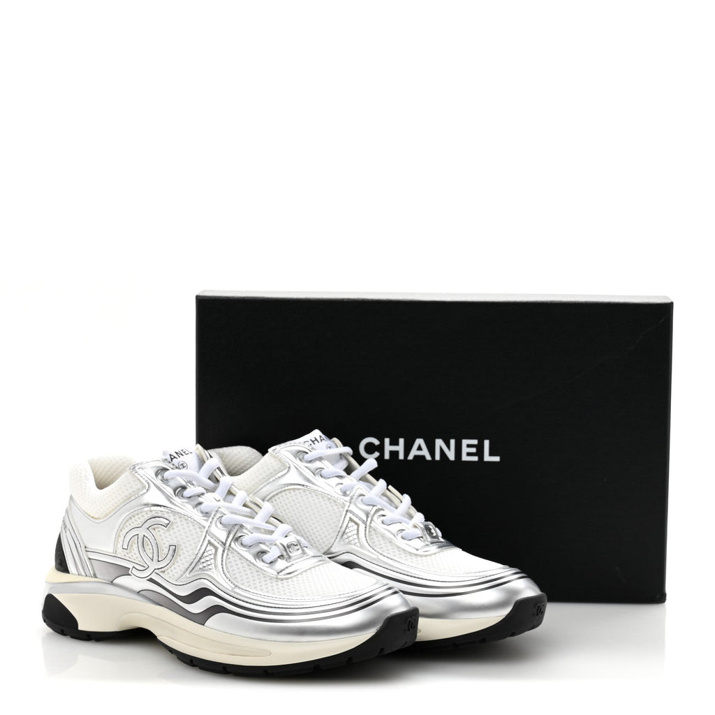 Fabric Laminated Calfskin Stretch CC Sneakers 39.5 White Silver