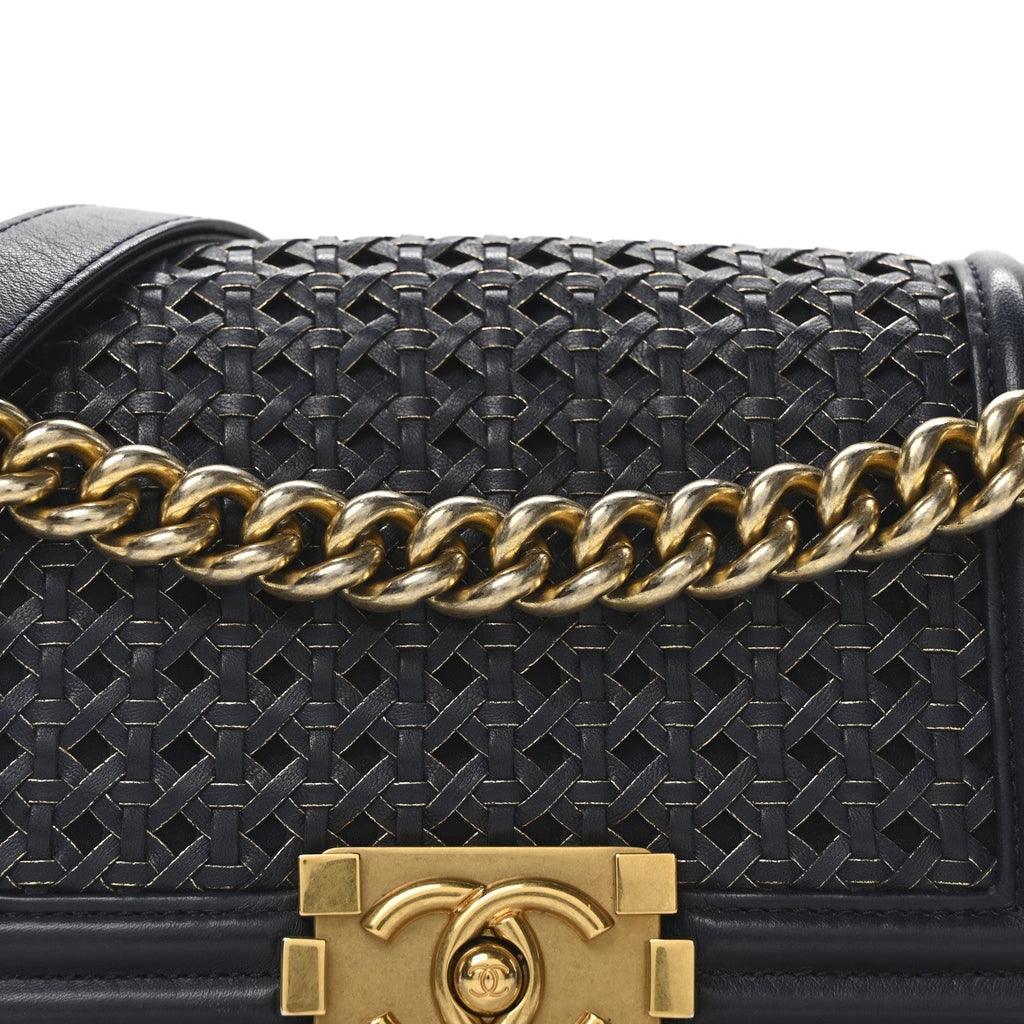 Chanel Sheepskin Braided Small Boy Reverso Flap Navy
