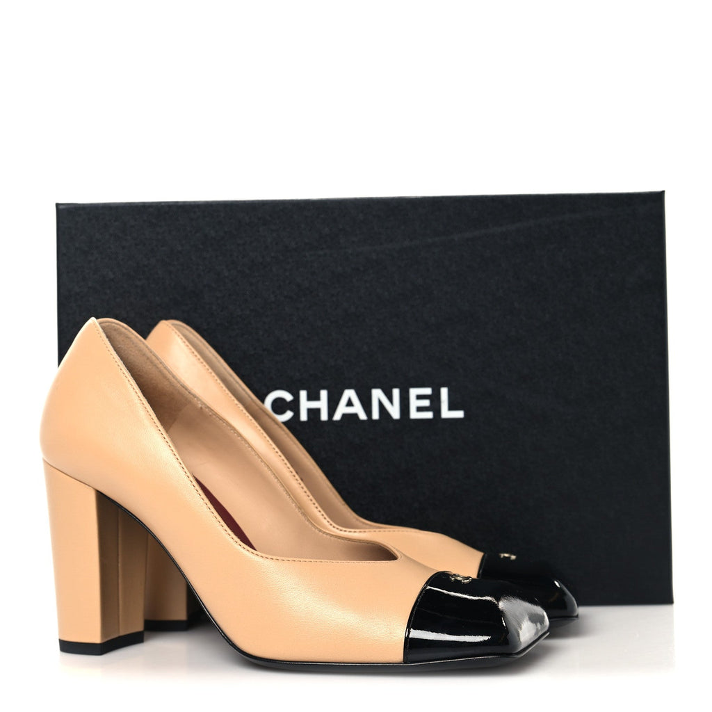 Lambskin Patent Calfskin Cap Toe Pumps 37 Beige Black