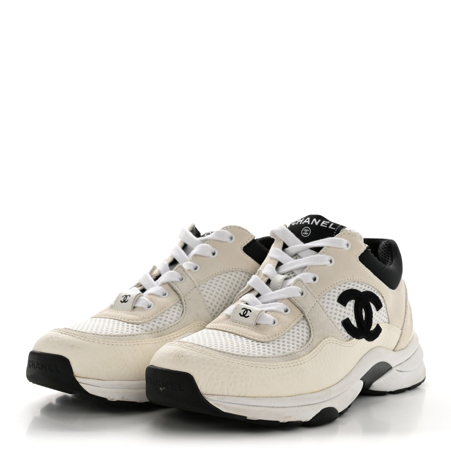 Mesh Suede Grained Calfskin Womens CC Sneakers 36.5 White Black