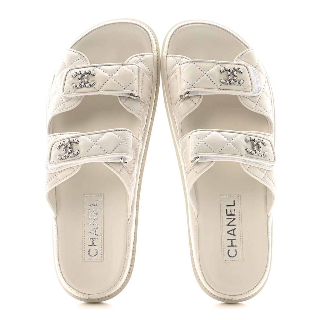 Lambskin Quilted Velcro Dad Chain CC Slide Sandals 39.5 White
