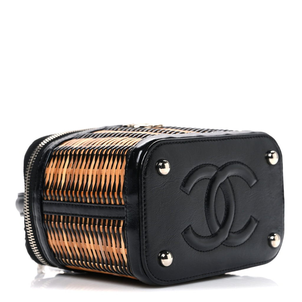Chanel Calfskin Raffia Small Vanity Case Bag Black Beige