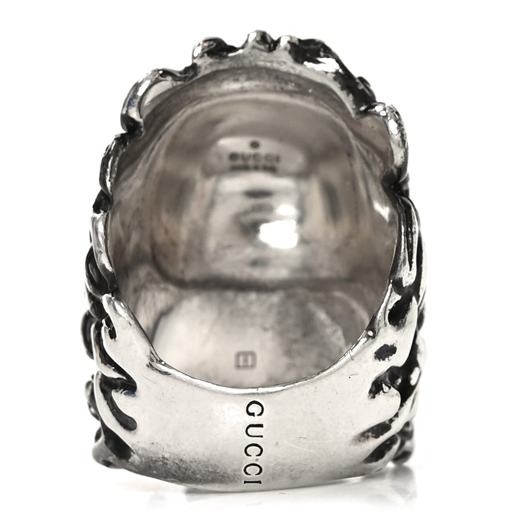 Gucci Metal Crystal Lion Head Ring  49 4.75 Black Aged Silver
