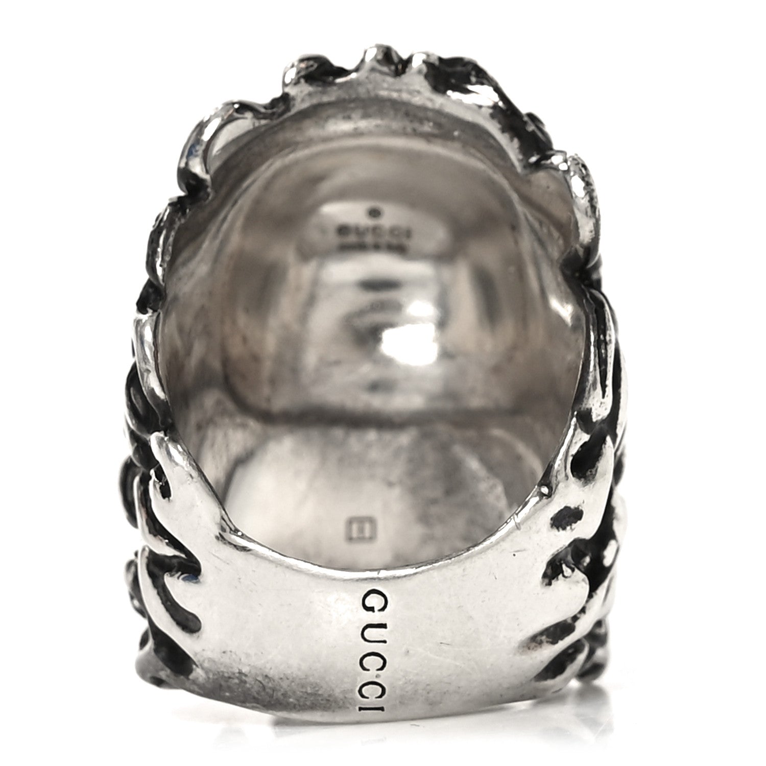 Gucci Metal Crystal Lion Head Ring  49 4.75 Black Aged Silver
