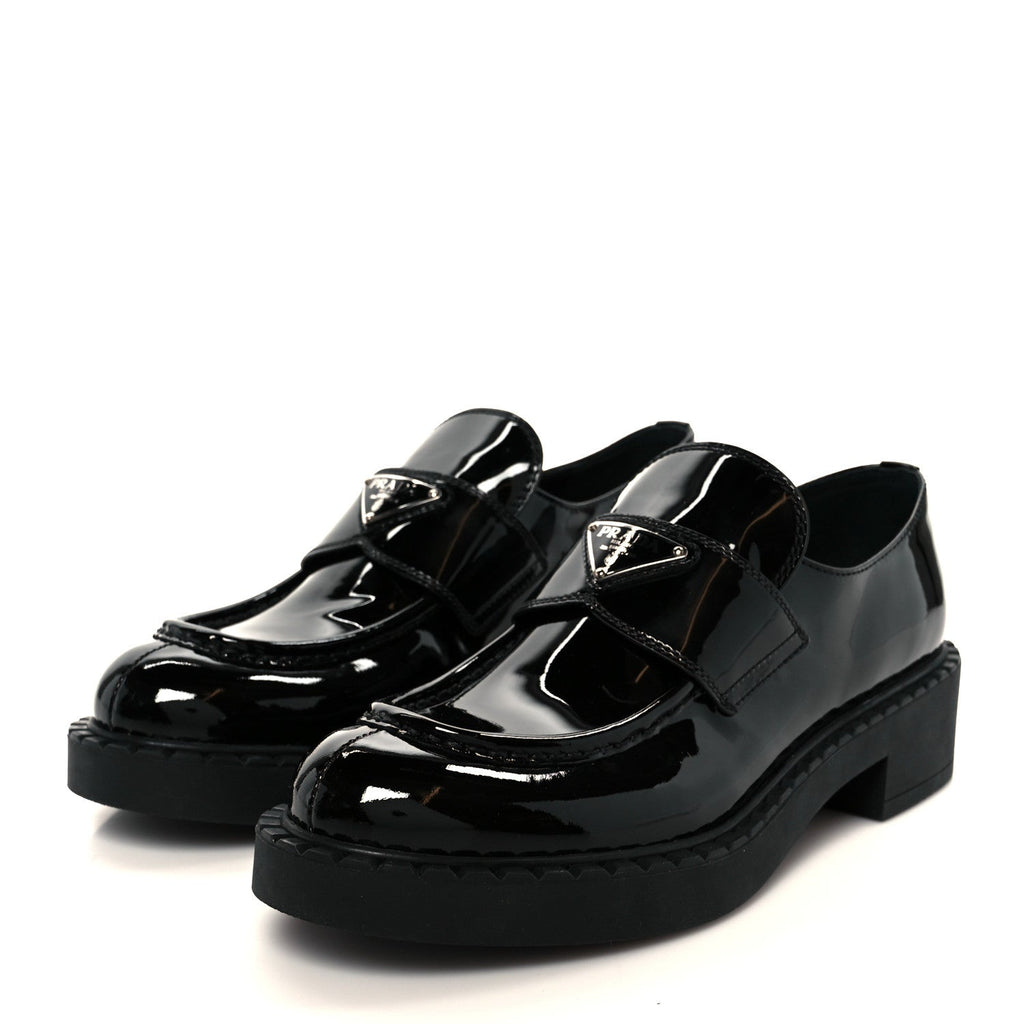 Prada Vernice Metal Triangle Logo 50mm Loafers 39.5 Black