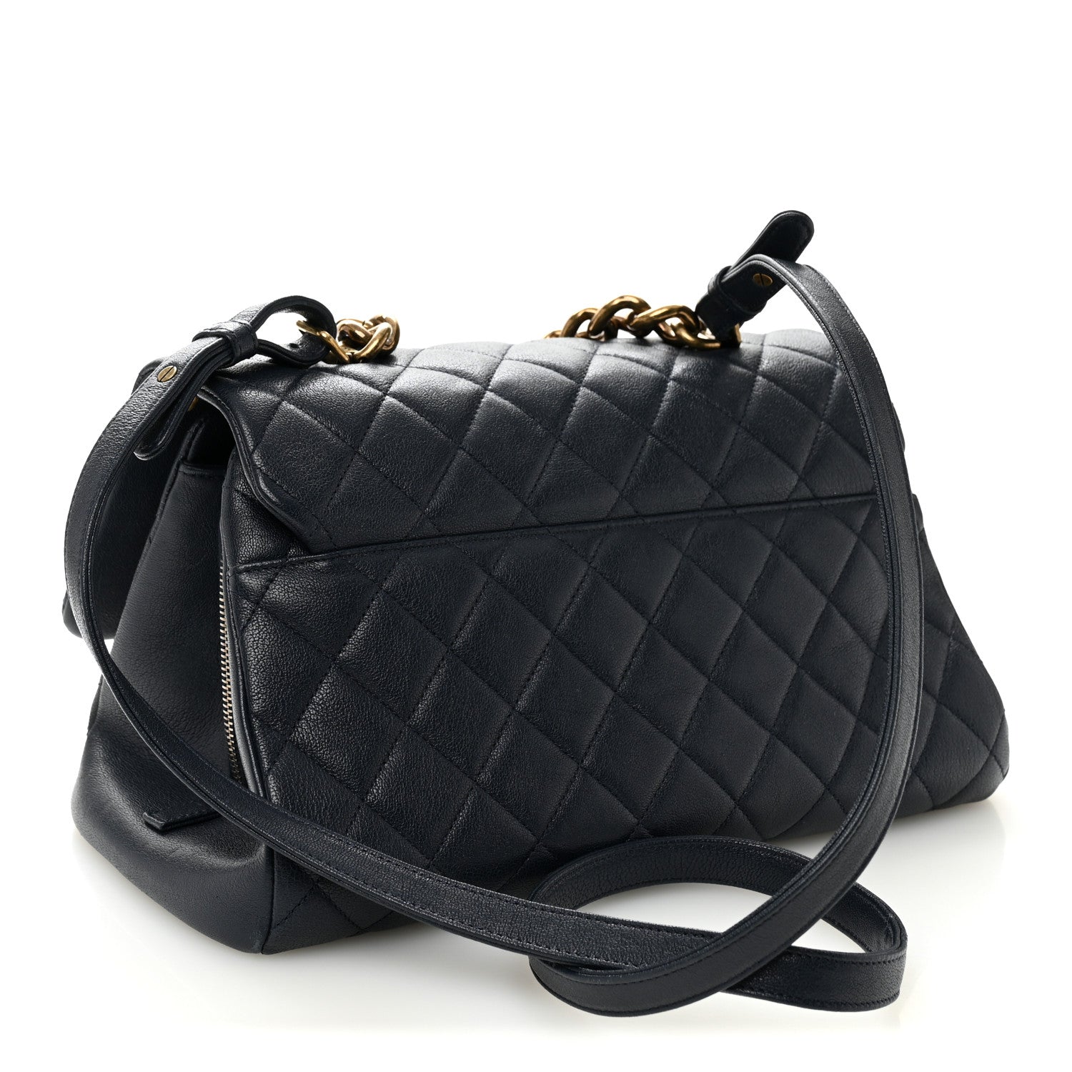 Chanel Shiny Sheepskin Quilted Large Trapezio Flap Navy
