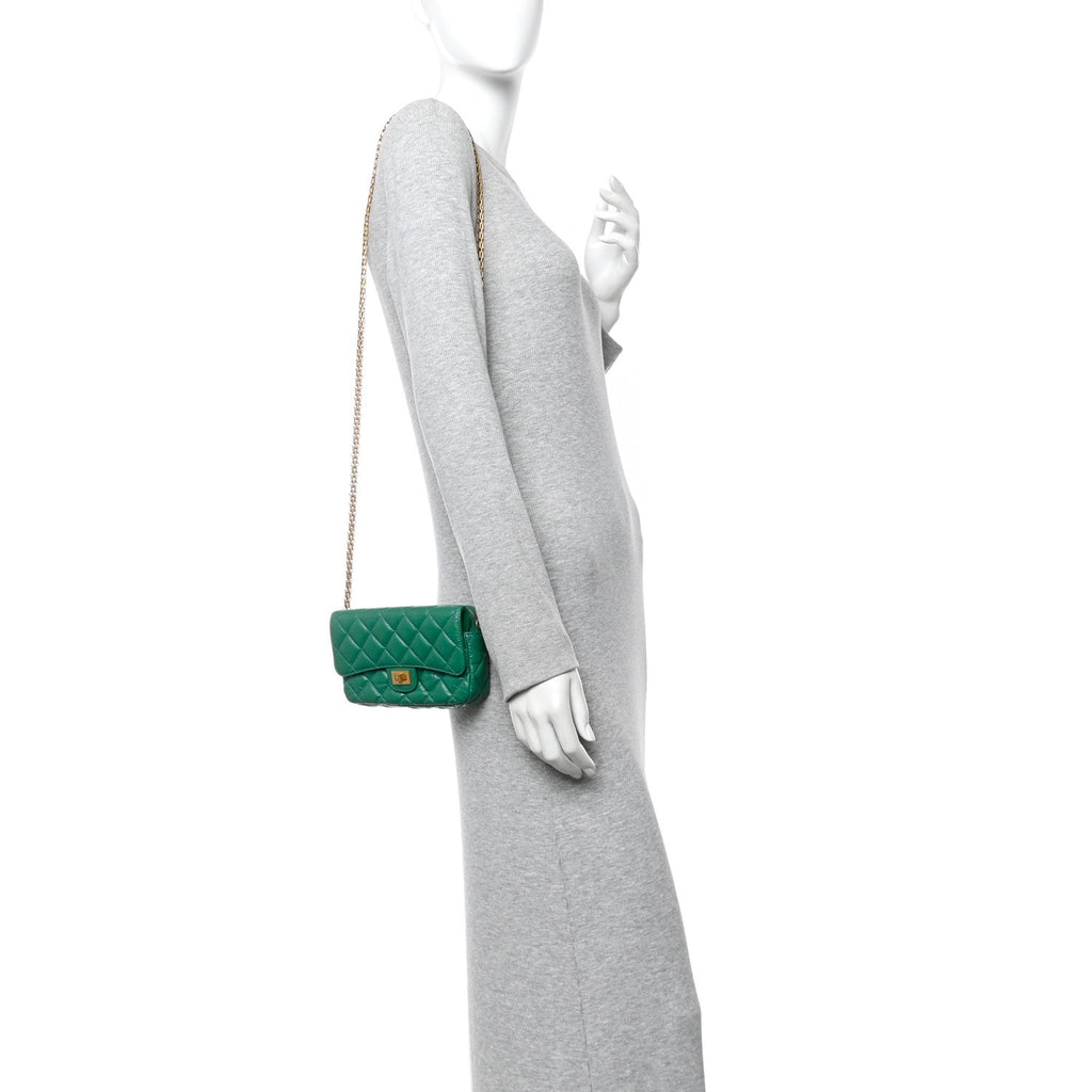 Chanel Aged Calfskin Quilted Reissue 2.55 Phone Holder With Chain Green