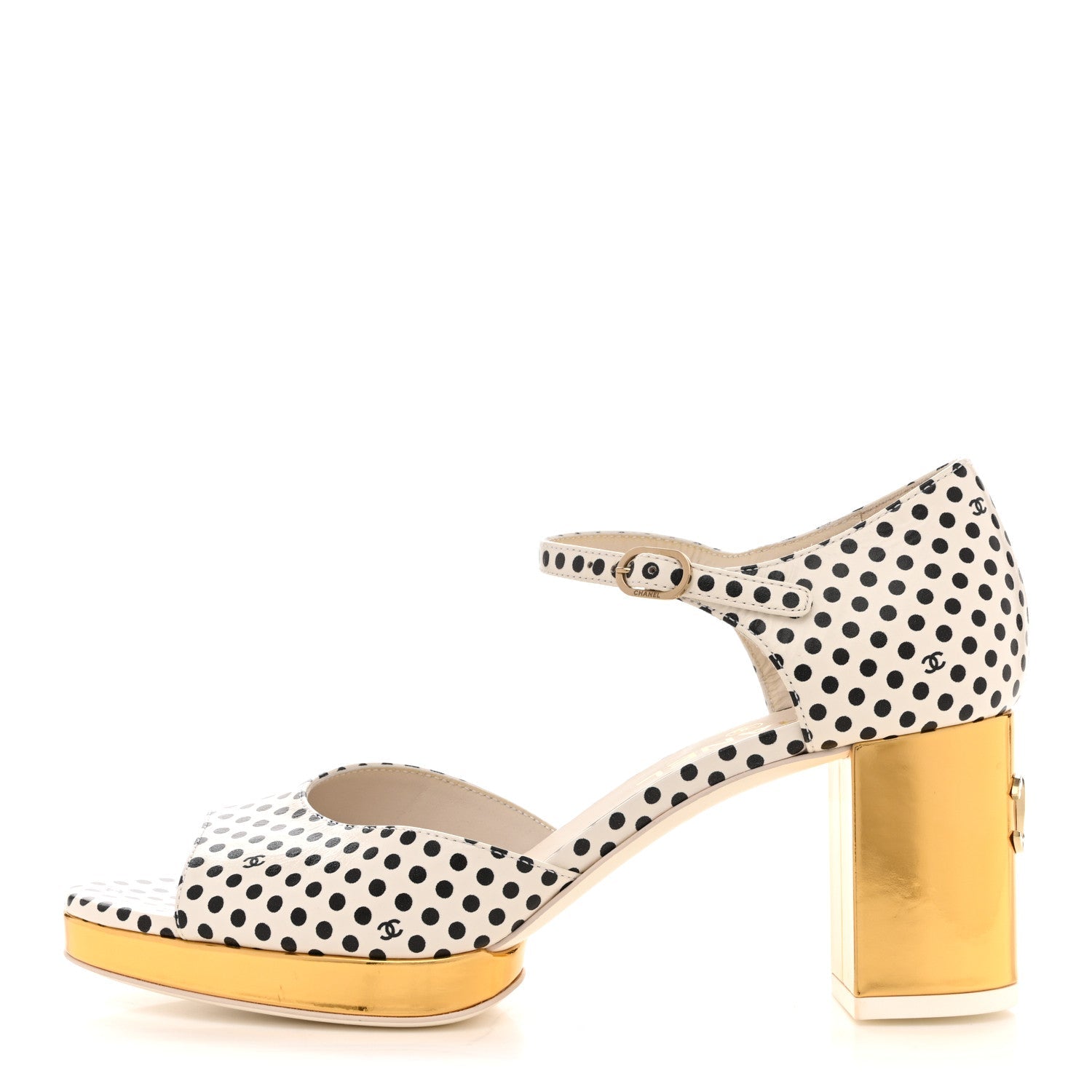 Printed Calfskin Polka Dot CC Platform Sandals 37 Ivory Black