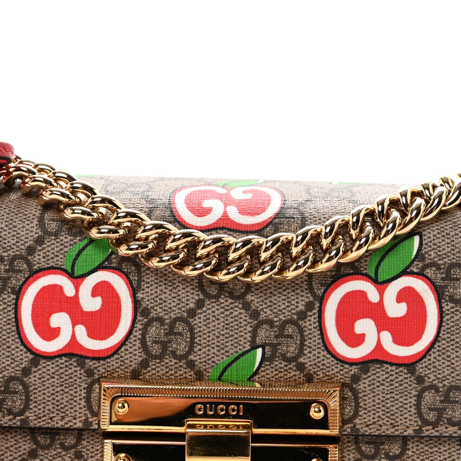 Gucci GG Supreme Monogram Apple Small Padlock Shoulder Bag Beige Multicolor Lobster Red