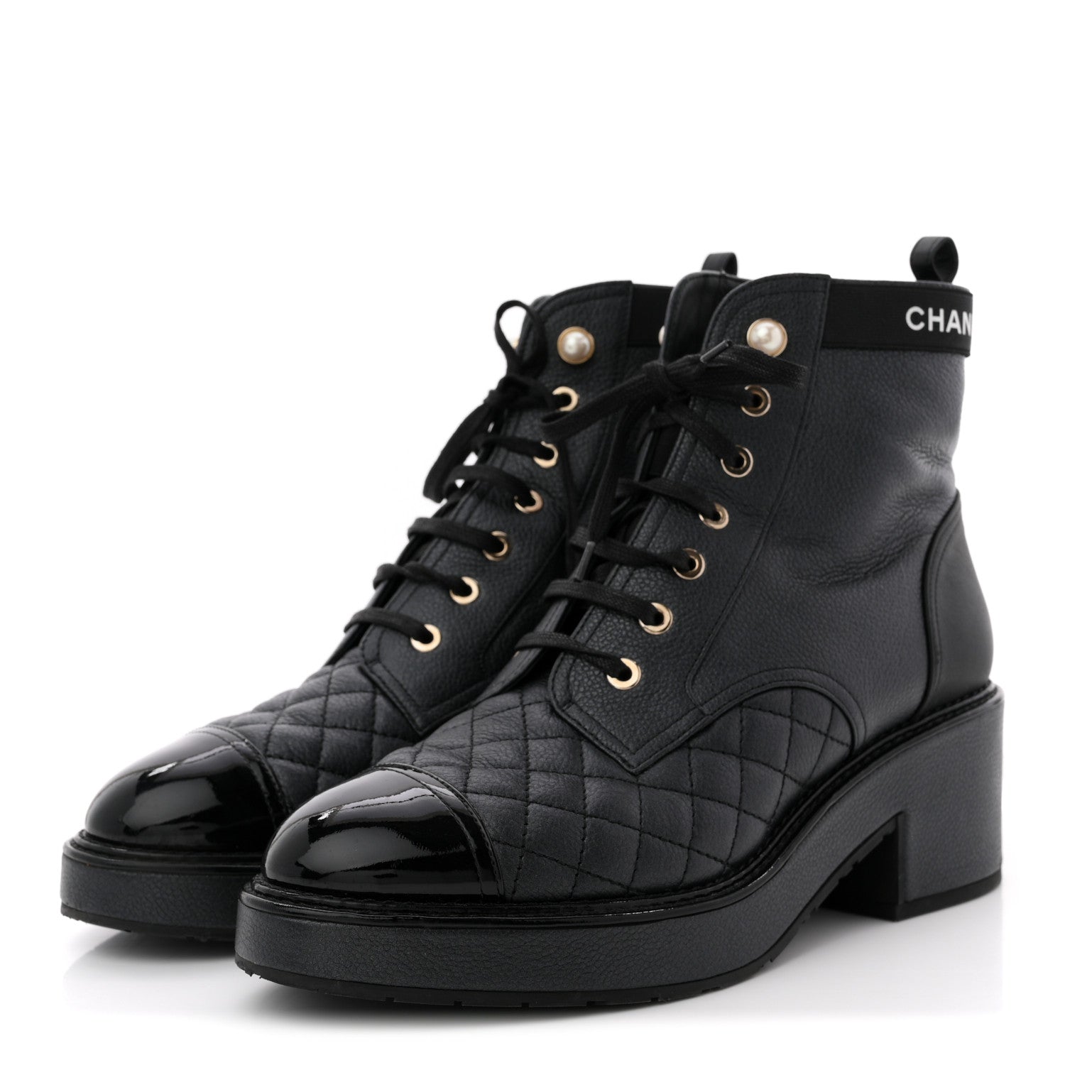 Pearly Calfskin Patent Calfskin Lace Up Combat Boots 40 Black