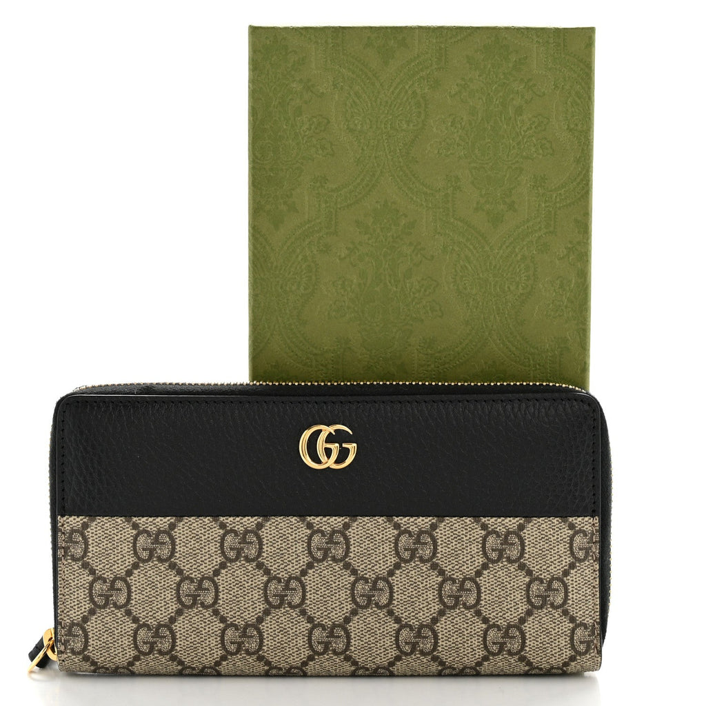 Gucci Dollar Calfskin GG Supreme Monogram GG Marmont Zip Around Wallet Black Beige Ebony