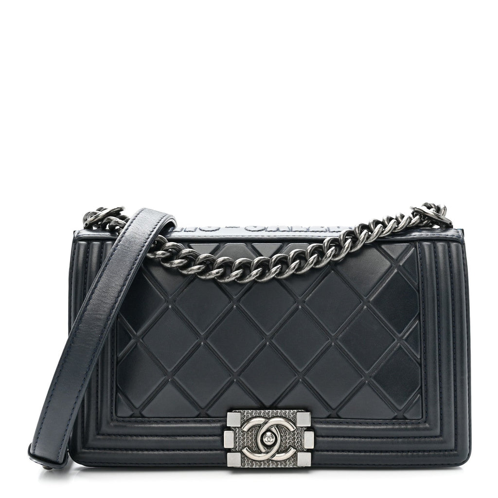 Chanel Calfskin Embossed Medium Paris Salzburg Boy Flap Navy