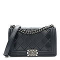 Chanel Calfskin Embossed Medium Paris Salzburg Boy Flap Navy