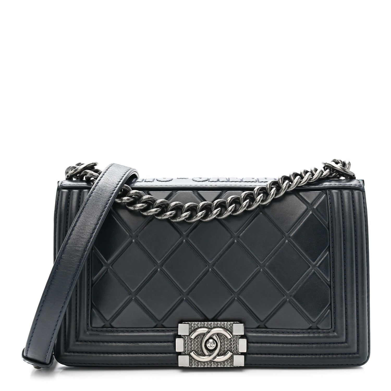 Chanel Calfskin Embossed Medium Paris Salzburg Boy Flap Navy