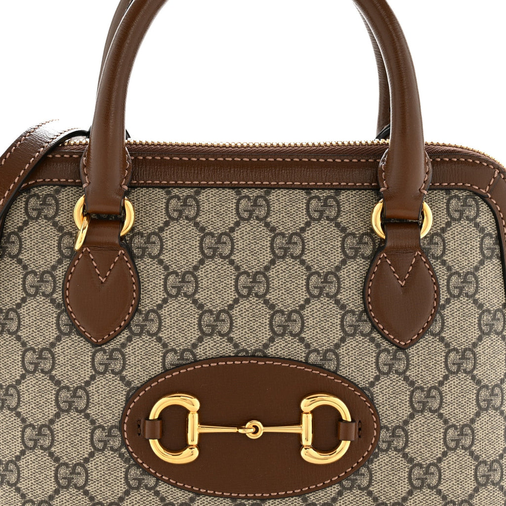 Gucci GG Supreme Monogram Azalea Calfskin Small Horsebit 1955 Top Handle Bag Beige Ebony Brown Sugar