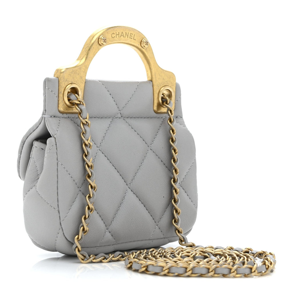 Chanel Calfskin Quilted Lady Handle Flap Card Holder With Chain Grey