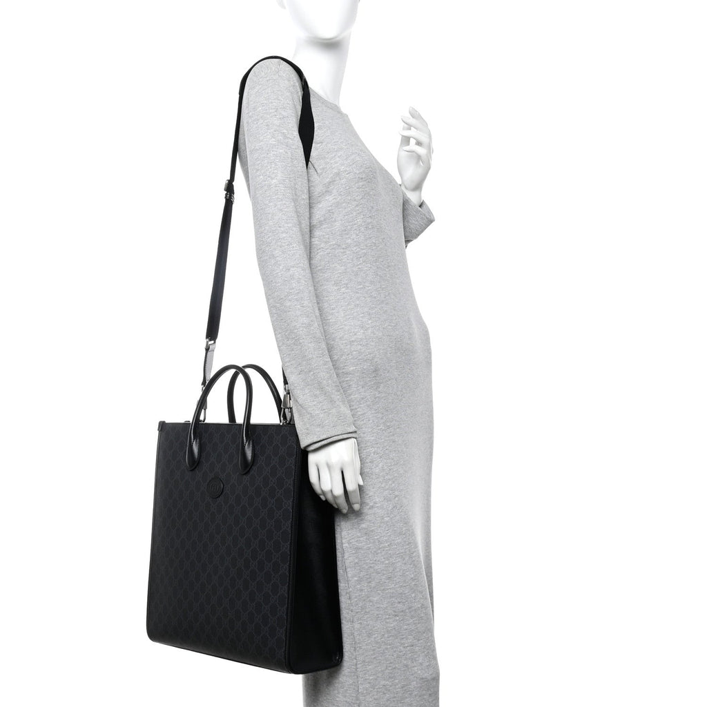 Gucci GG Supreme Monogram Azalea Calfskin Web Medium Retro Interlocking G Vertical Tote Bag Black