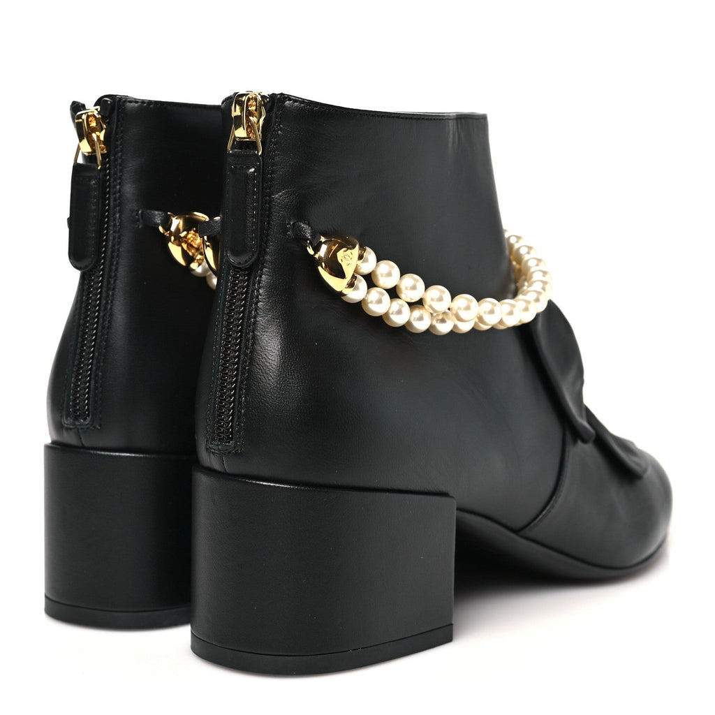Lambskin Pearl Bow Short Boots 37.5 Black