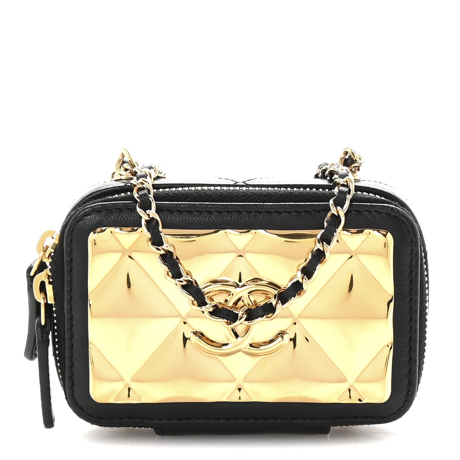 Chanel Lambskin Metal Quilted Extra Mini Vanity Case With Chain Black Gold