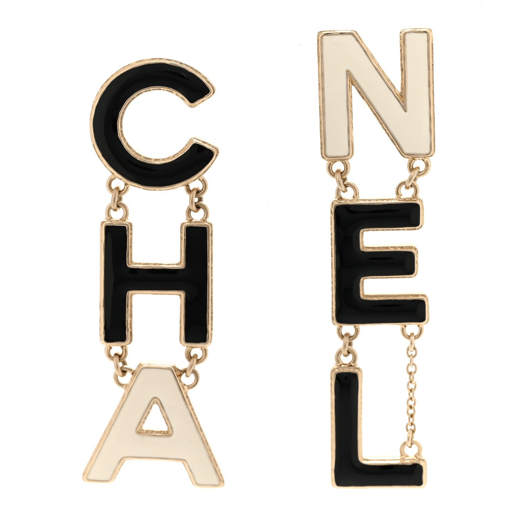 Metal Enamel Cha-Nel Logo Drop Earrings Black White