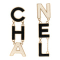 Metal Enamel Cha-Nel Logo Drop Earrings Black White