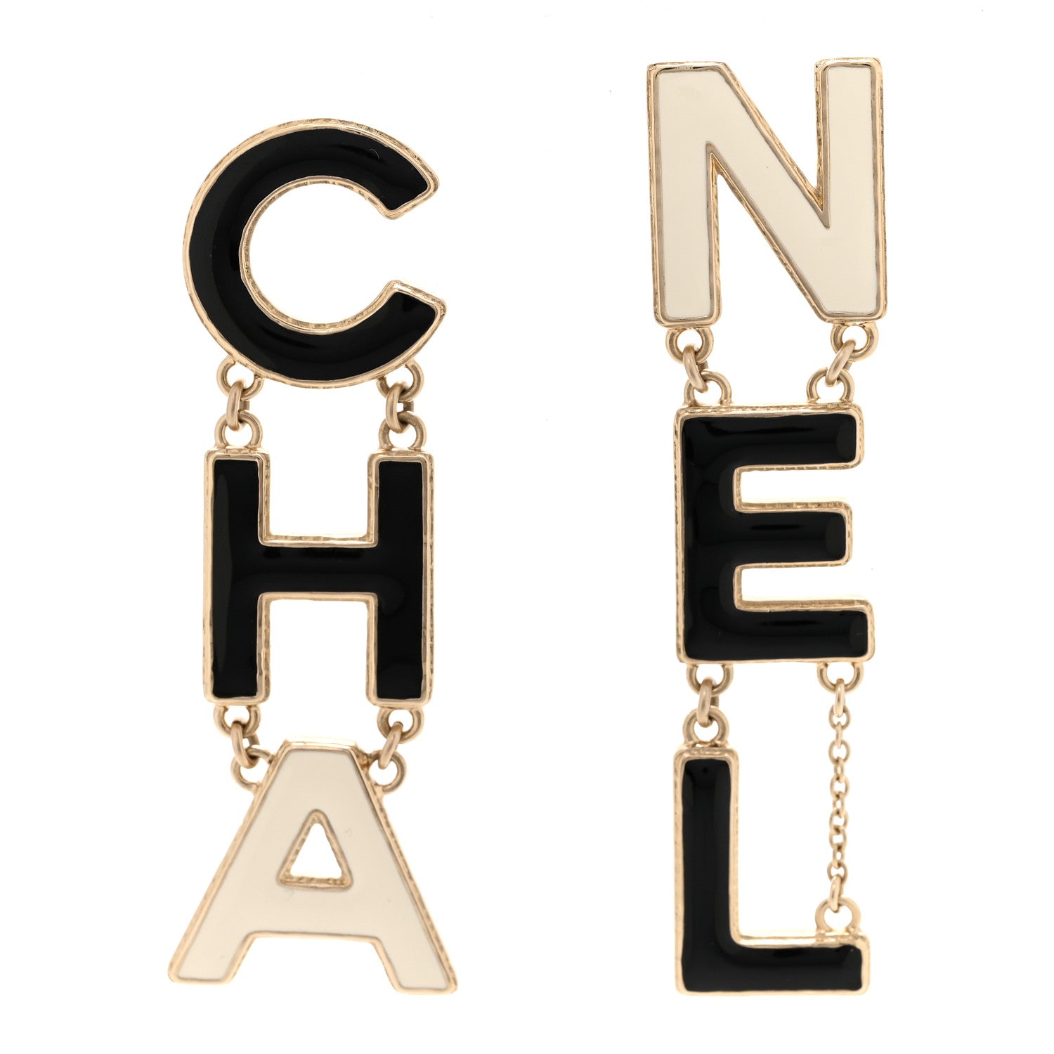 Metal Enamel Cha-Nel Logo Drop Earrings Black White