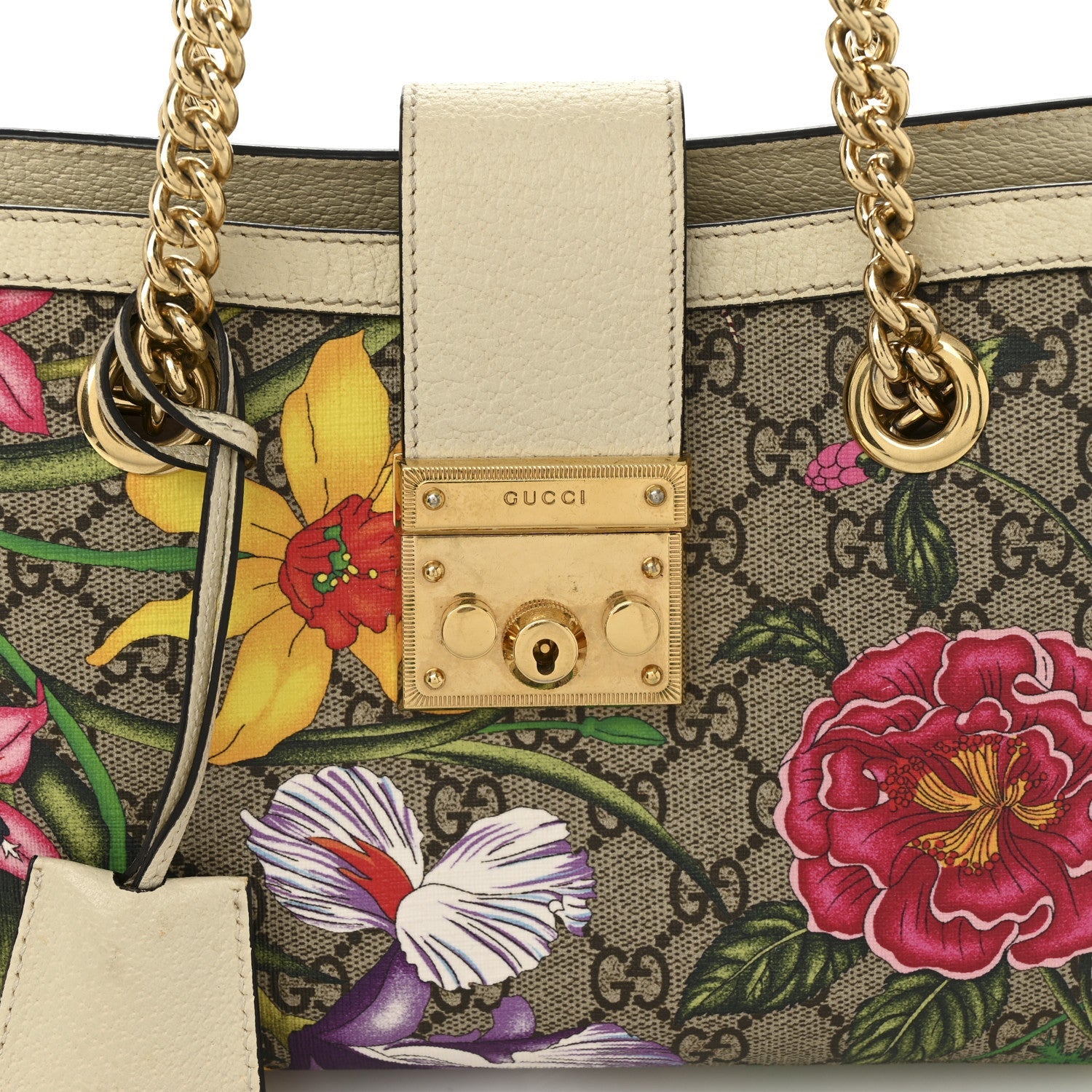 Gucci GG Supreme Monogram Flora Textured Calfskin Small Padlock Tote Beige Ebony Multicolor Mystic White
