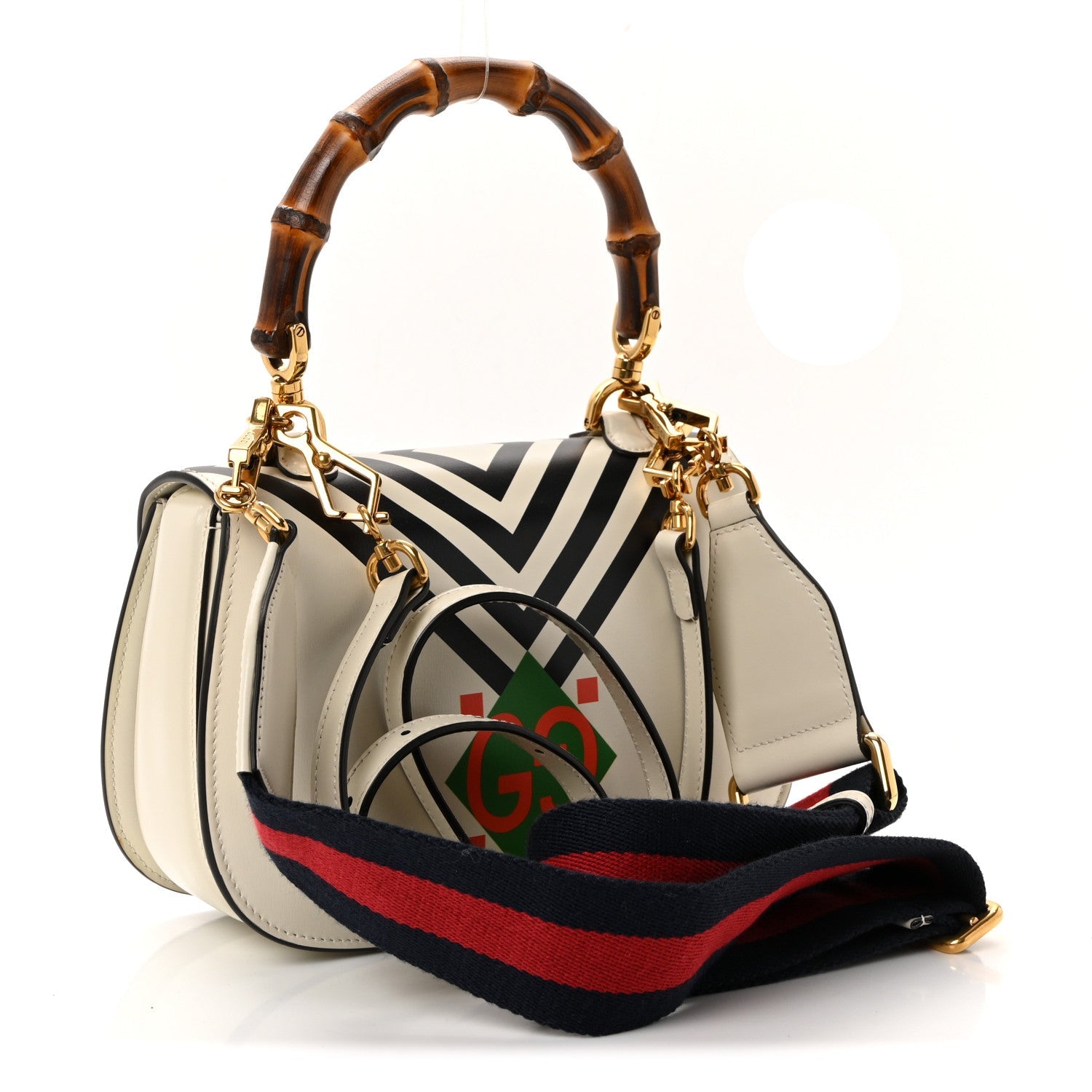 Gucci Calfskin Web Geometric Print Small Bamboo 1947 Top Handle Bag White Multi