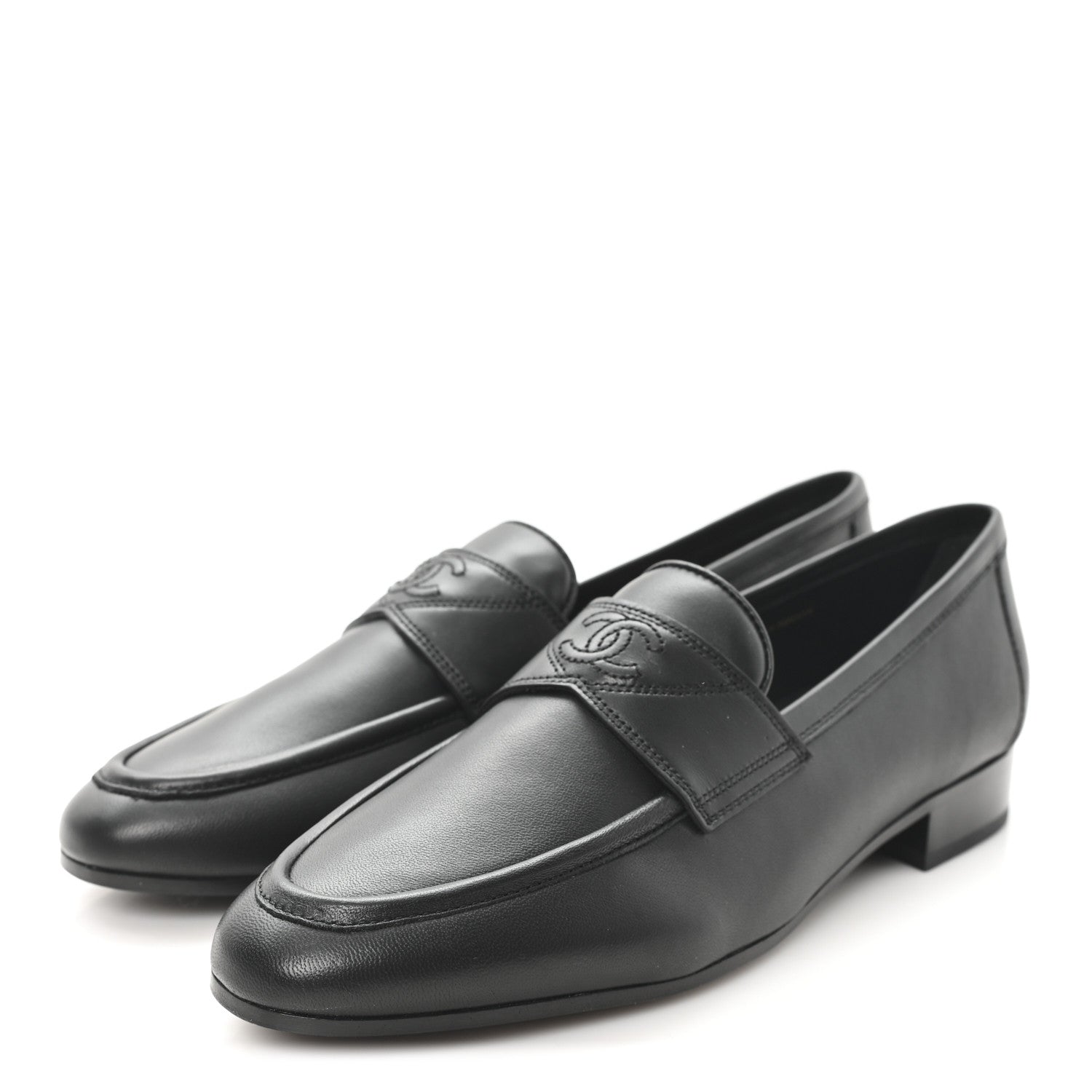 Calfskin Womens Stitched CC Loafers 38 Black