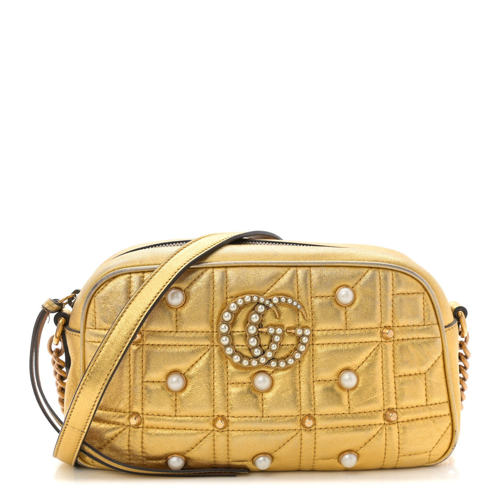 Gucci Metallic Calfskin Matelasse Studded Small Pearly GG Marmont Chain Shoulder Bag Gold