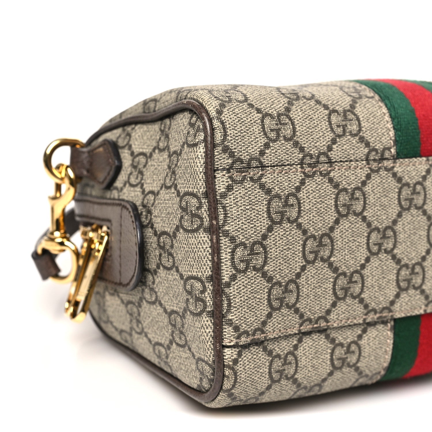 Gucci GG Supreme Monogram Textured Dollar Calfskin Web Mini Ophidia Top Handle Bowler Bag Beige Ebony New Acero