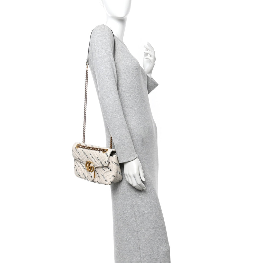 Gucci X BALENCIAGA Calfskin Matelasse Logo Print Small GG Marmont Shoulder Bag White