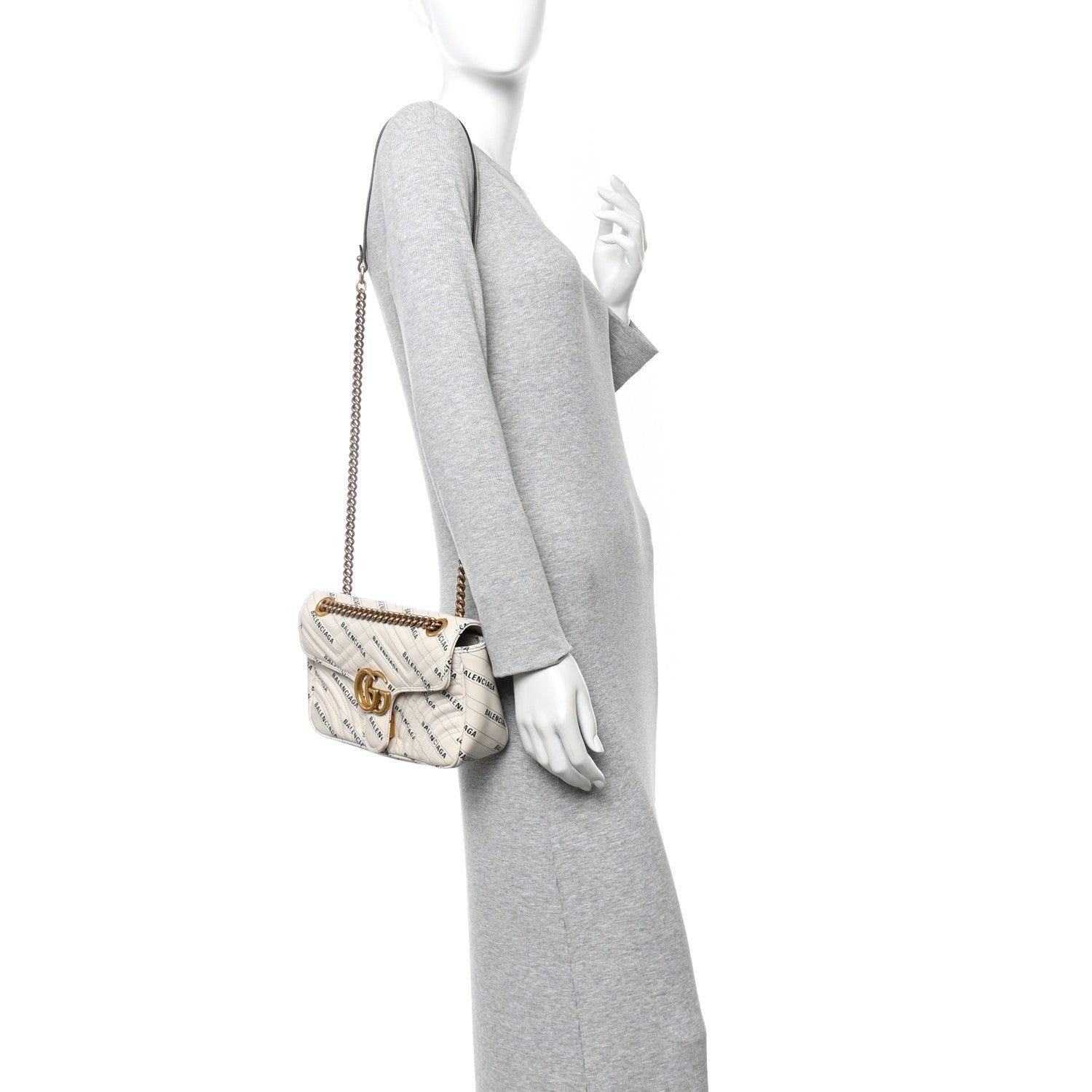 Gucci X BALENCIAGA Calfskin Matelasse Logo Print Small GG Marmont Shoulder Bag White