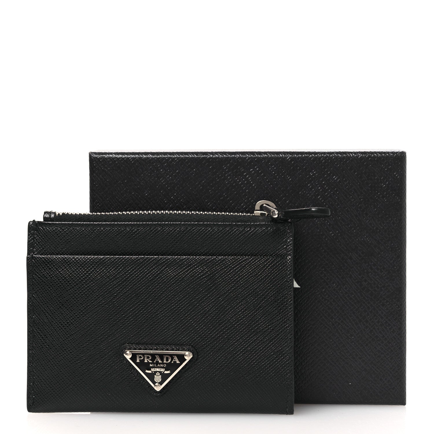 Prada Saffiano Triangle Zip Card Holder Black