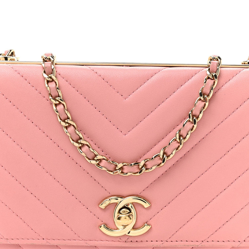 Chanel Lambskin Chevron Quilted Trendy CC Wallet On Chain WOC Pink