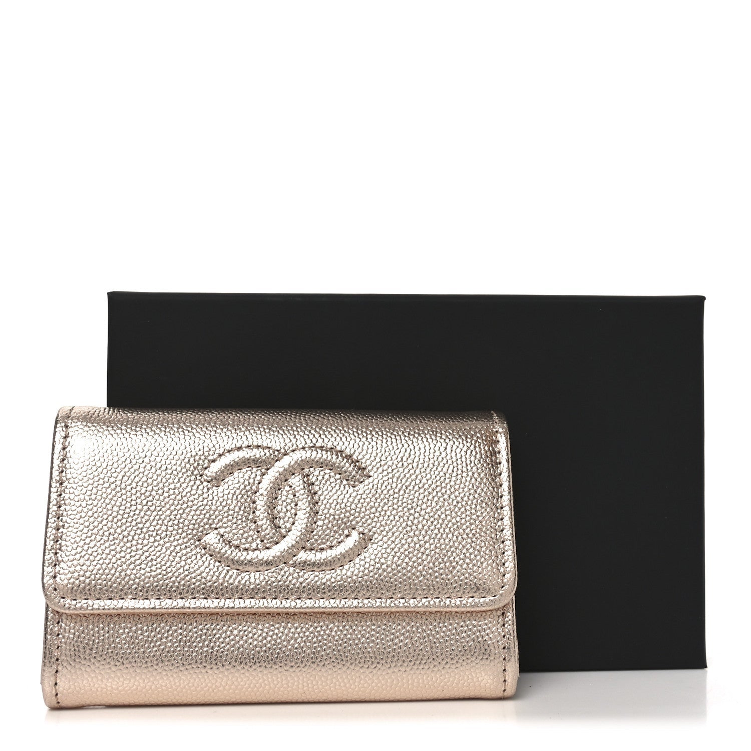 Metallic Caviar Quilted CC Flap Card Holder Copper