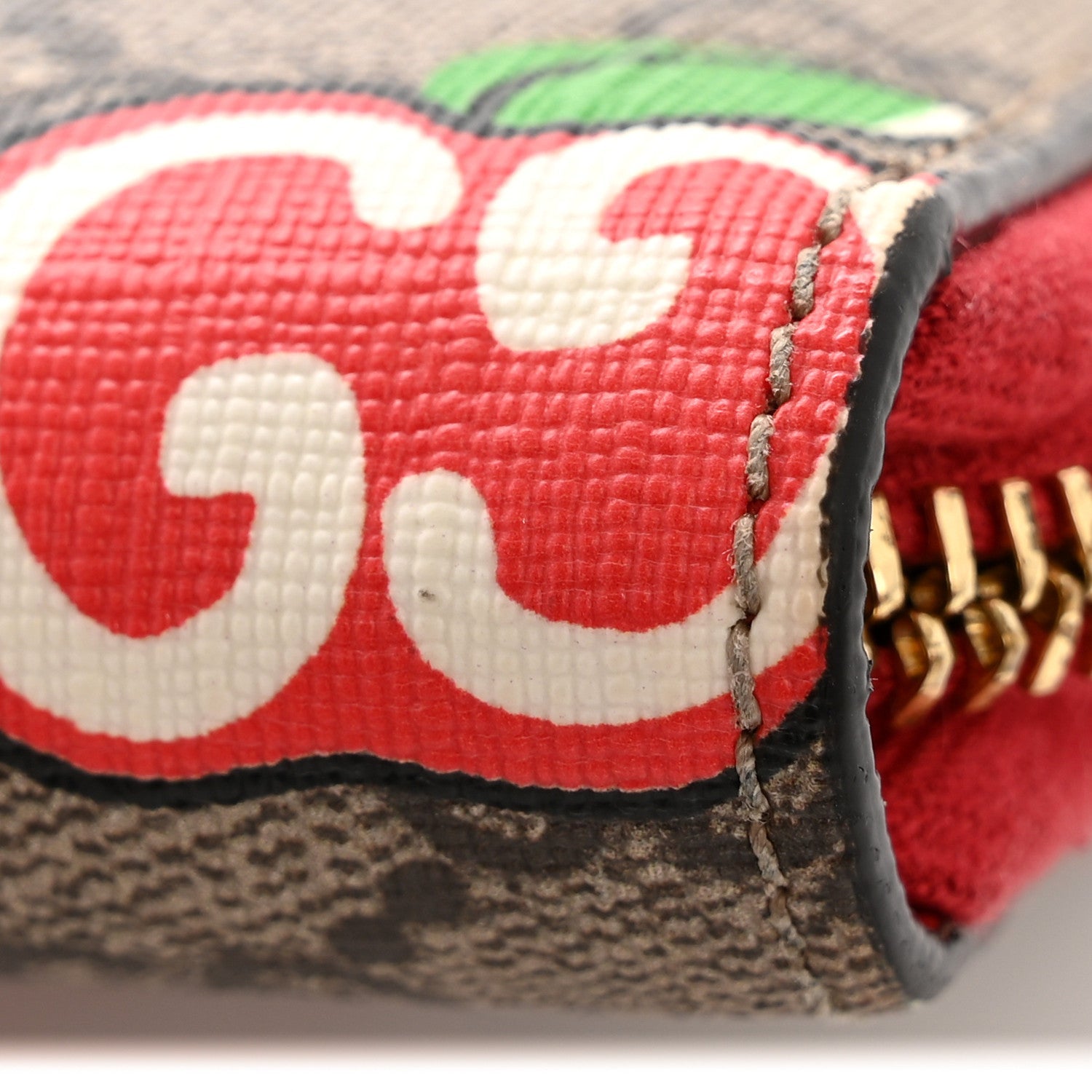 Gucci GG Supreme Monogram Apple Zip Around Wallet Beige Multicolor Lobster Red