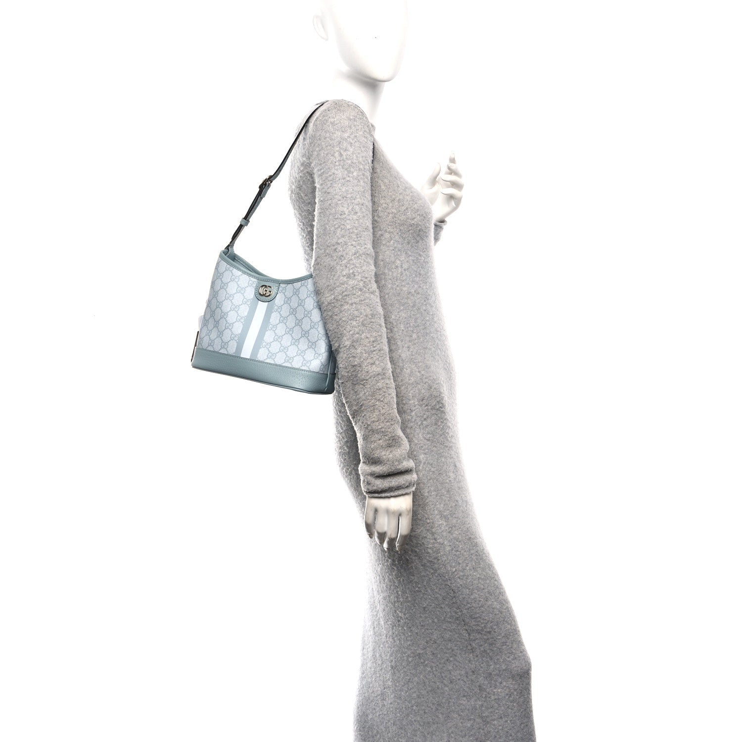 Gucci GG Supreme Monogram Textured Dollar Calfskin Web Small Ophidia Bucket Shoulder Bag Dusty Blue