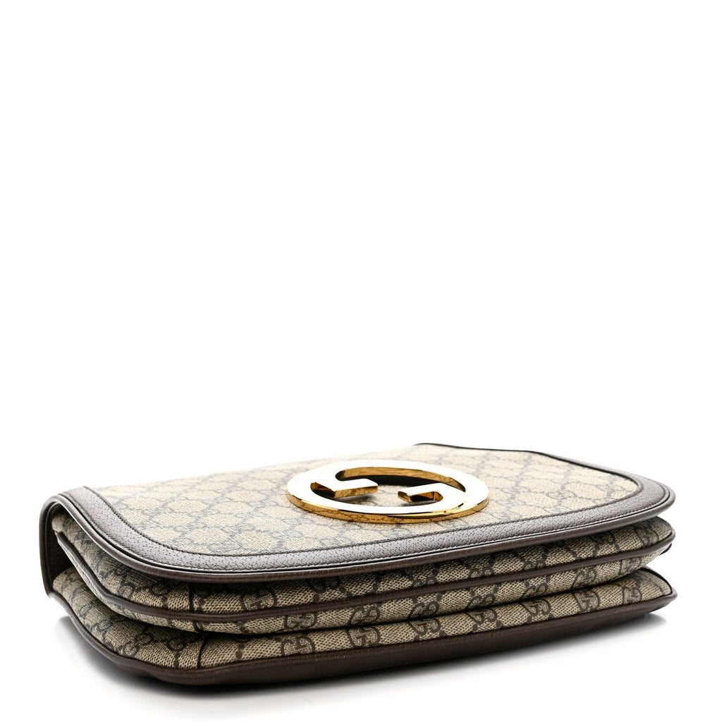 Gucci GG Supreme Monogram Textured Dollar Calfskin Web Medium Blondie Top Handle Shoulder Flap Bag Beige Ebony New Acero
