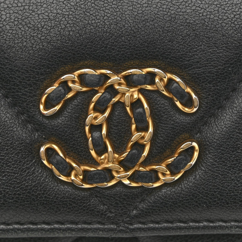 Chanel Shiny Goatskin Quilted Chanel 19 Flap Wallet Black