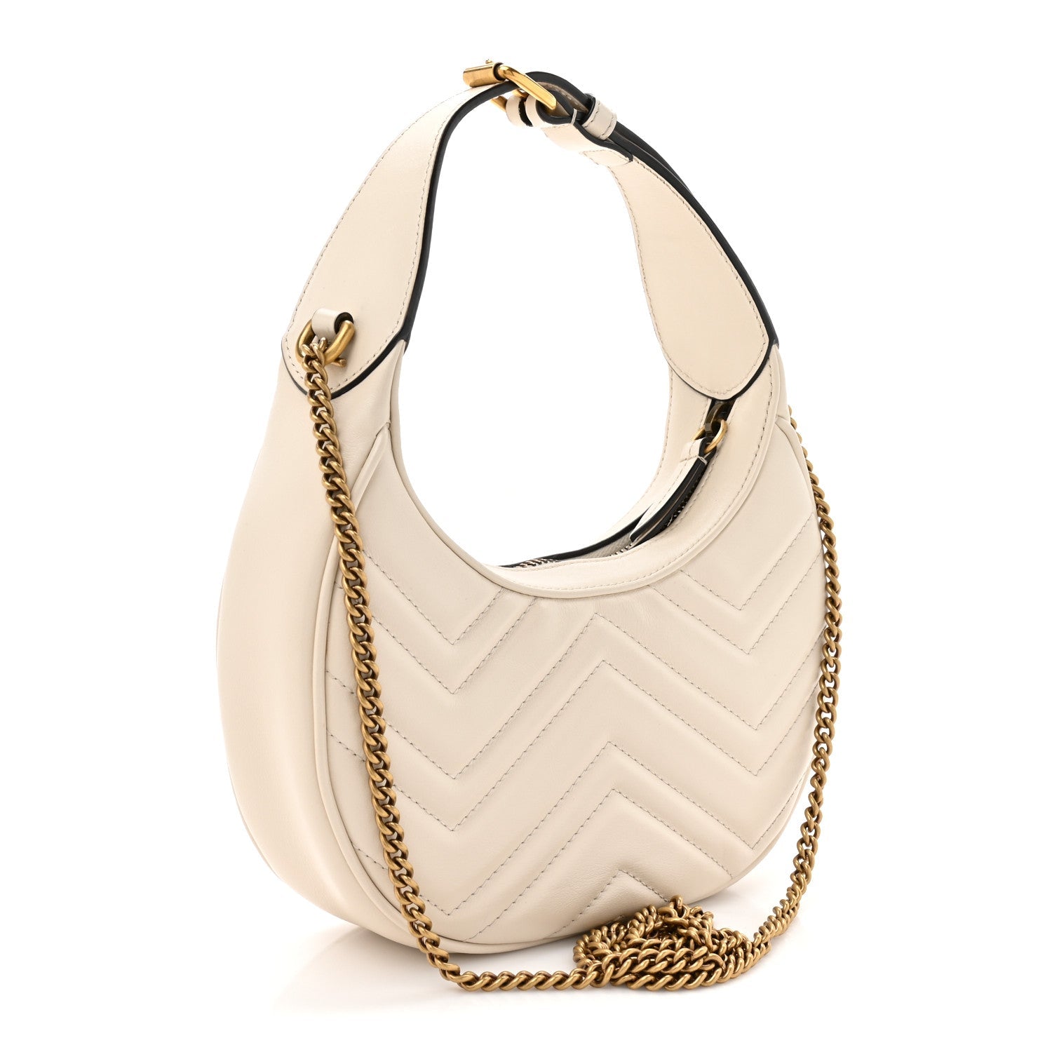 Gucci Calfskin Matelasse Chevron Mini GG Marmont Half Moon Hobo Mystic White