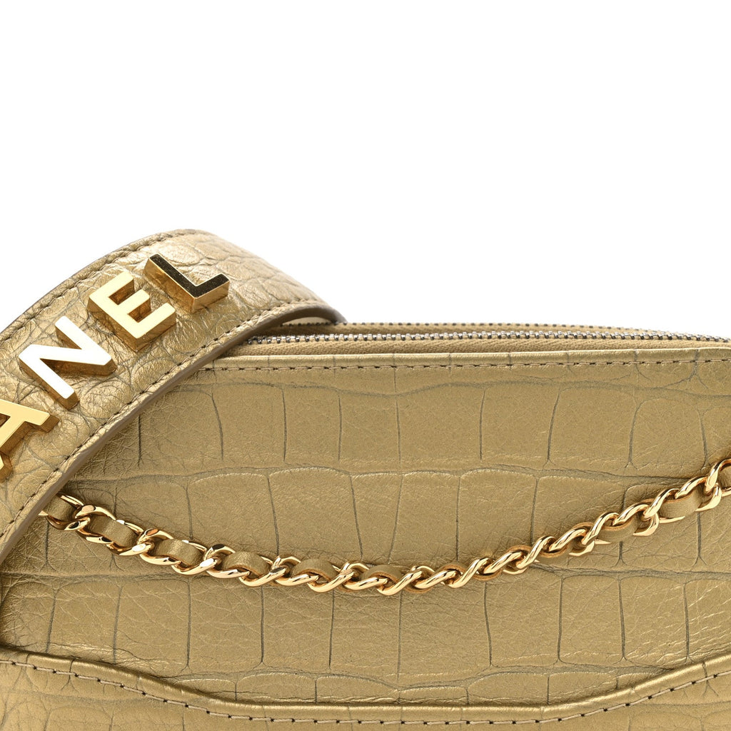 Chanel Metallic Calfskin Crocodile Embossed Small Gabrielle Clutch With Chain Gold