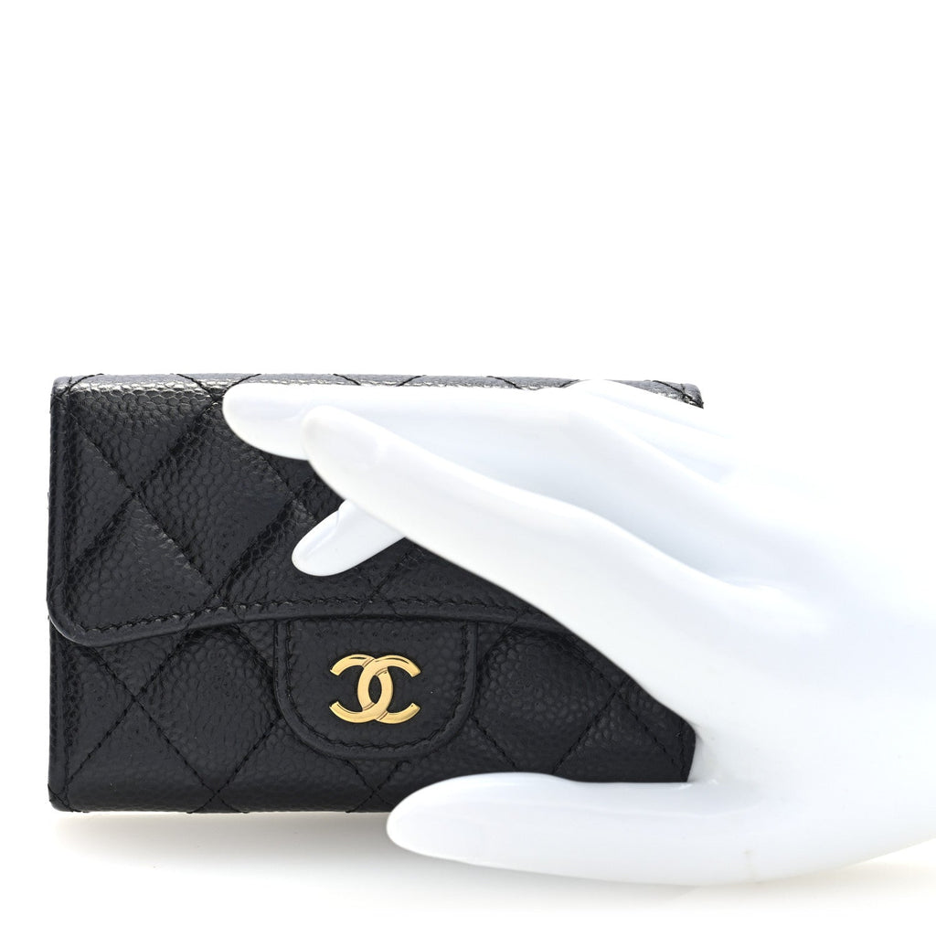 Caviar Quilted Flap Card Holder Wallet Black