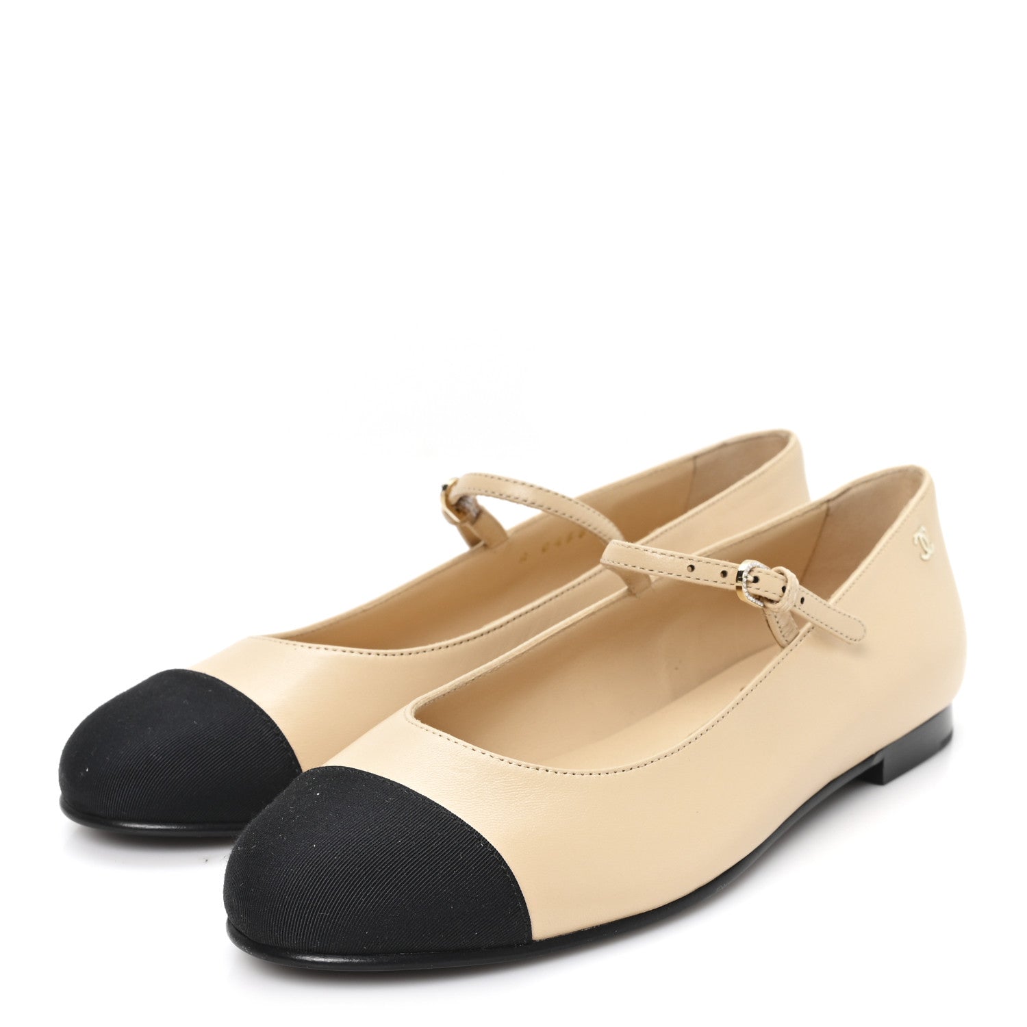 Goatskin Grosgain Cap Toe Pearl Mary Jane Flats 36.5 Beige Black