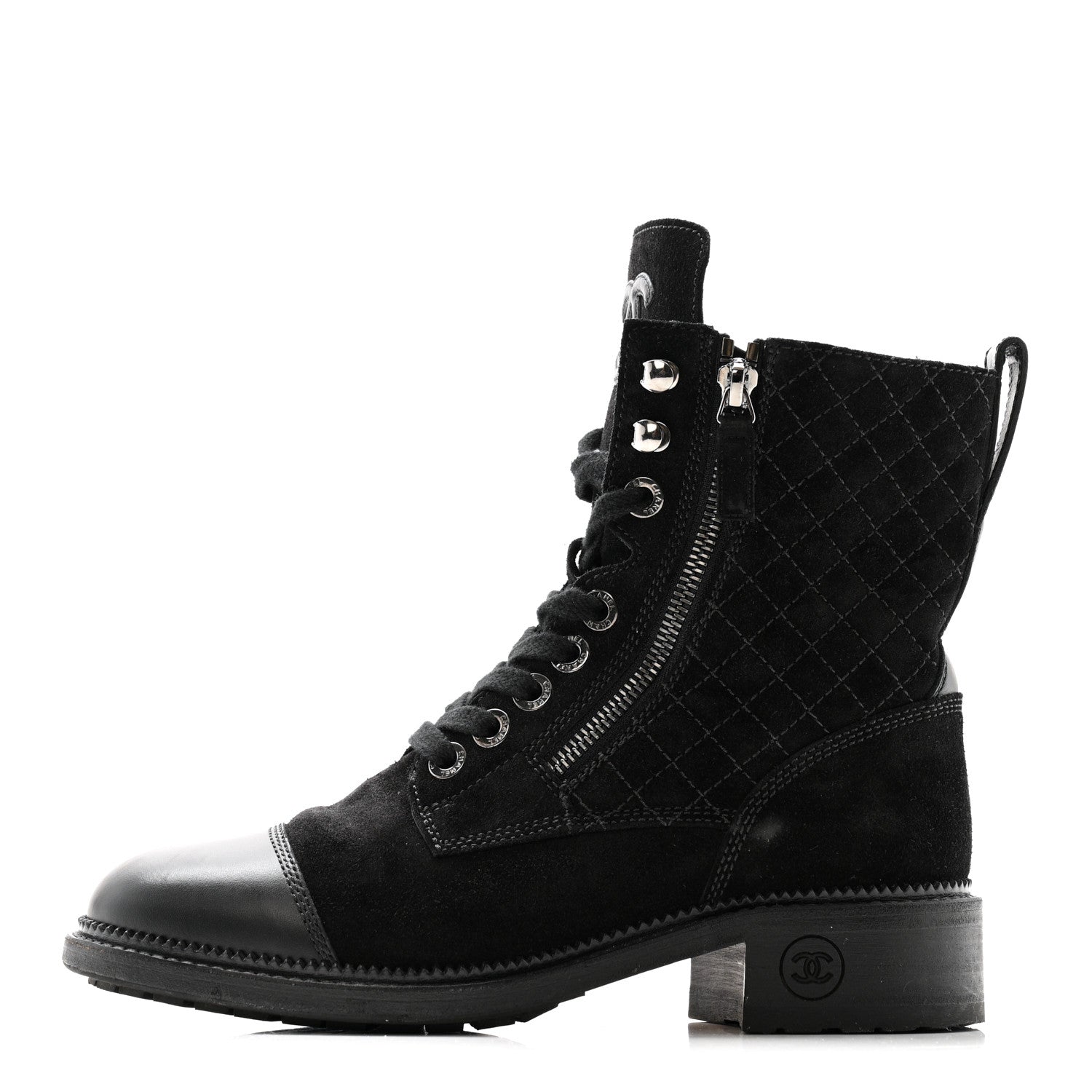 Chanel Suede Calfskin Quilted Lace Up Boots 38 Black
