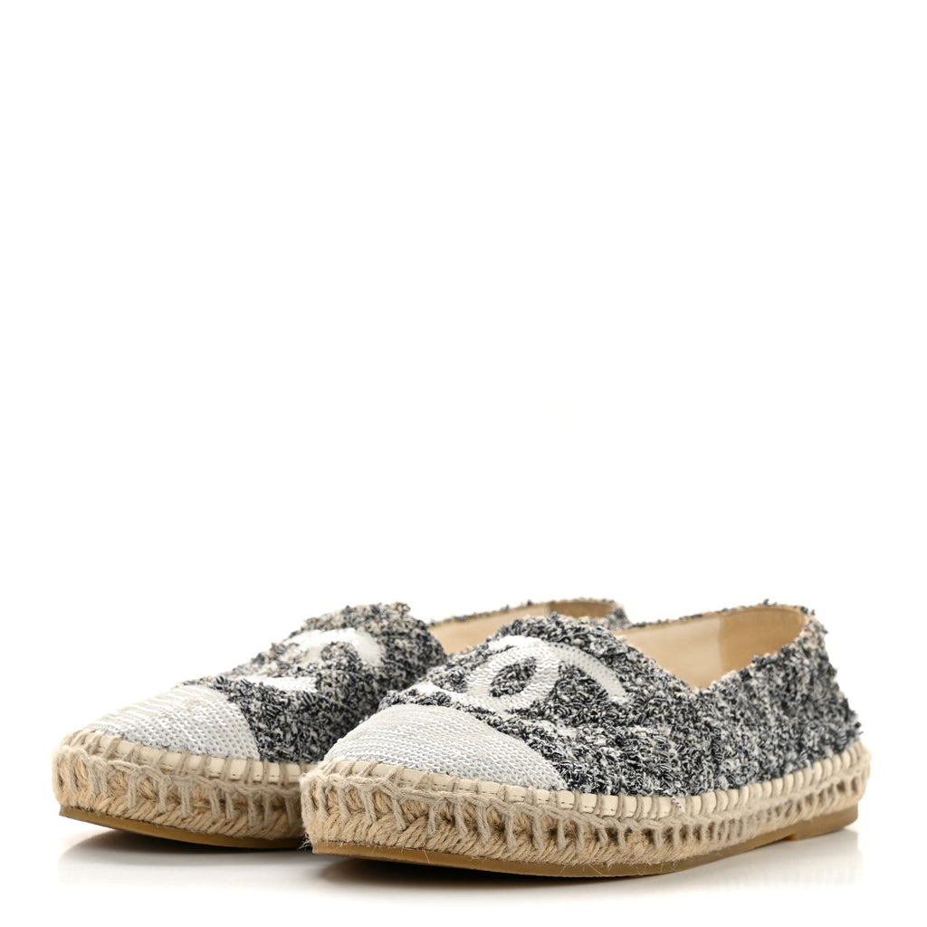 Chanel Tweed Sequin CC Espadrilles 37 Black White