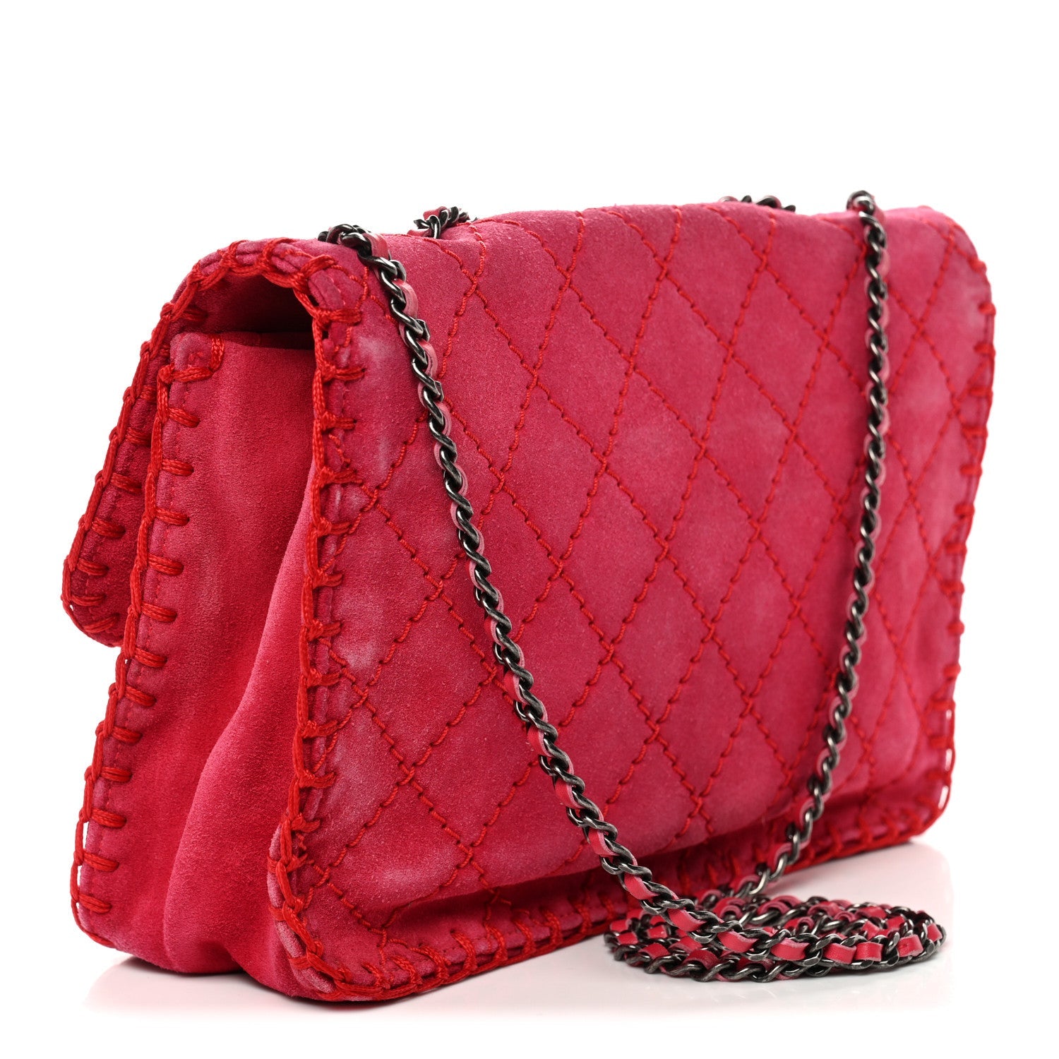 Chanel Suede Quilted Whipstitch Flap Red